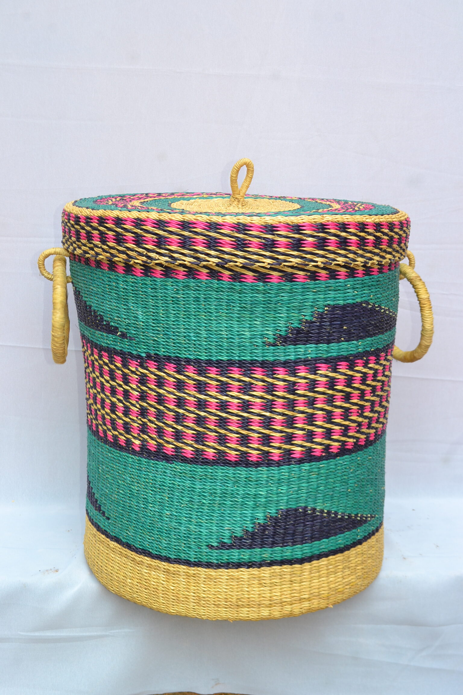 Handwoven Ghanaian laundry and storage basket, artisan woven home organizer, product DSC 0010