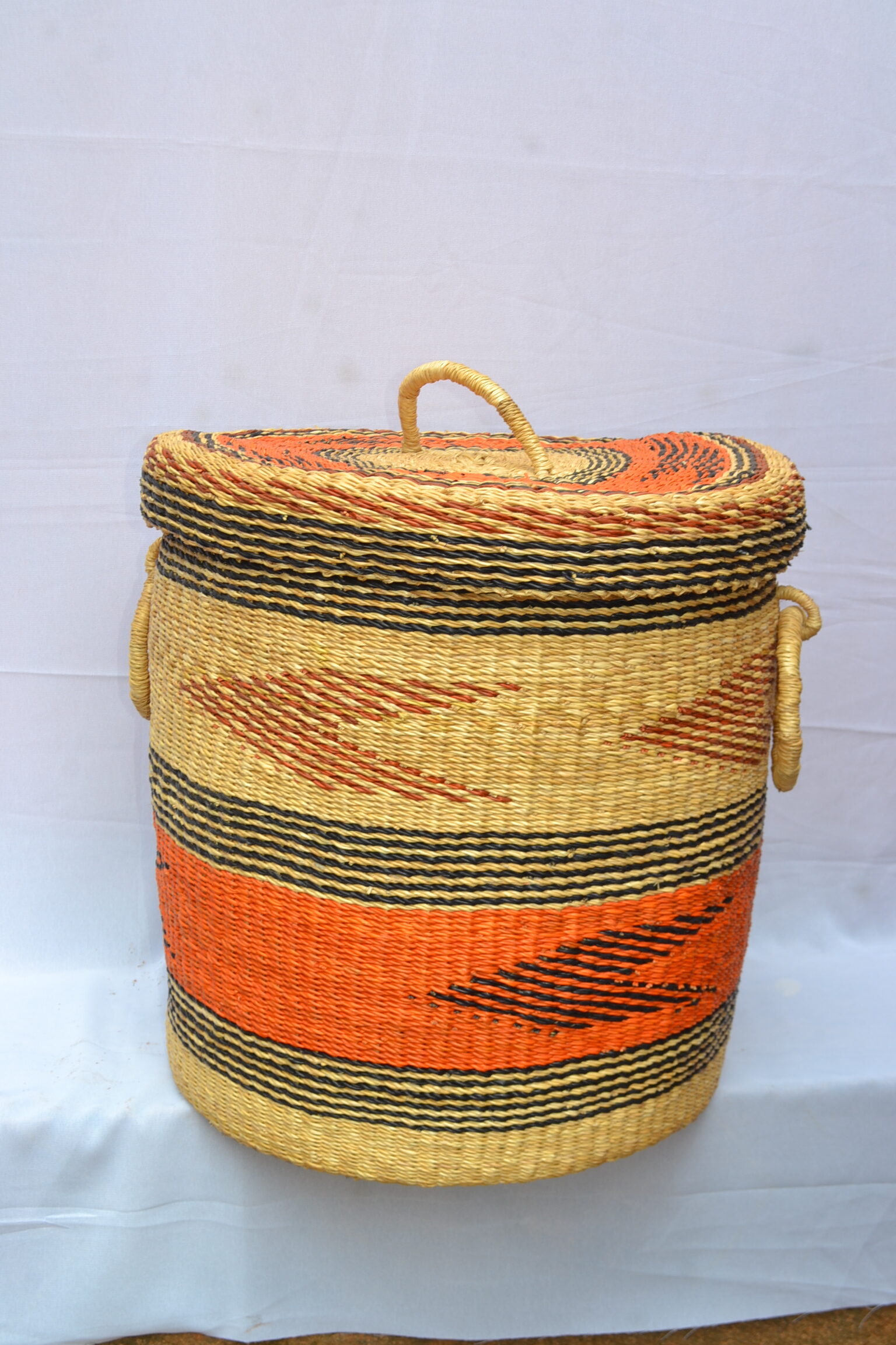 Handwoven Ghanaian laundry and storage basket, artisan woven home organizer, product DSC 0013