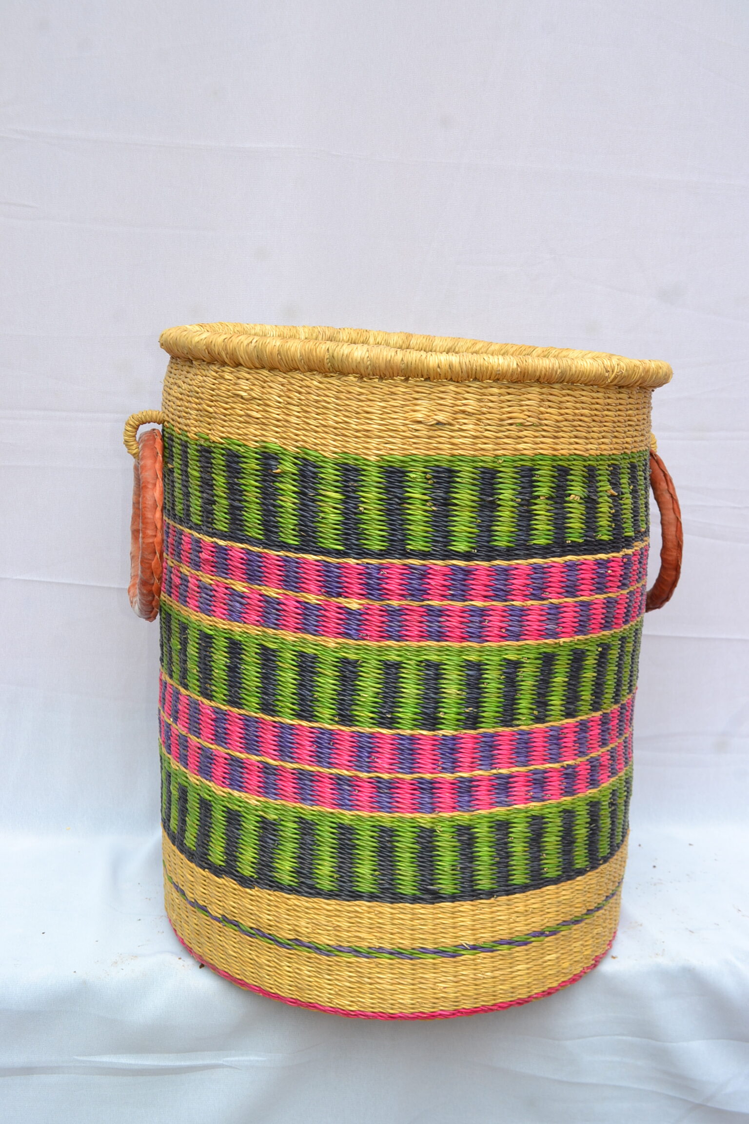 Handwoven Ghanaian laundry and storage basket, artisan woven home organizer, product DSC 0020
