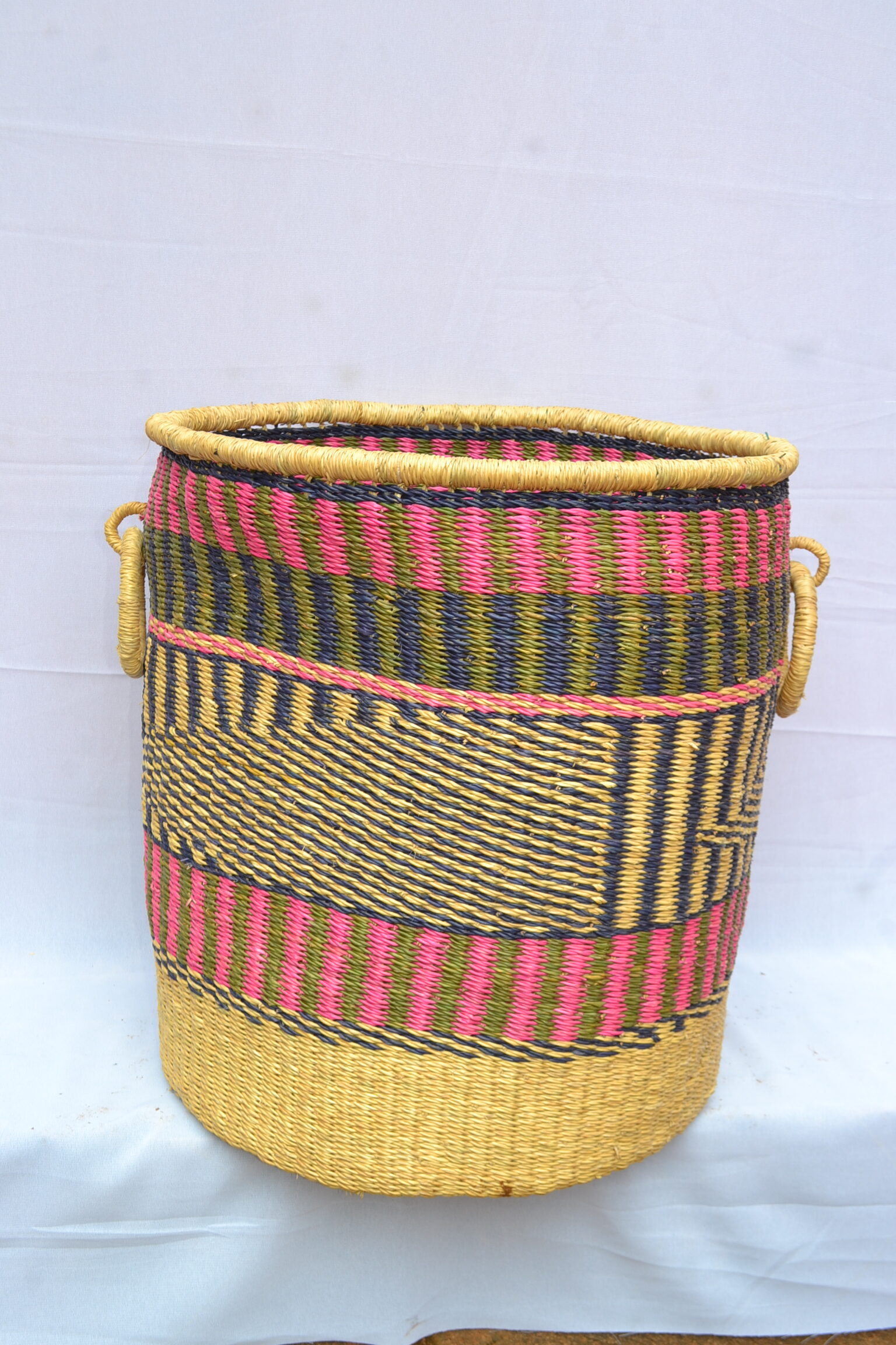 Handwoven Ghanaian laundry and storage basket, artisan woven home organizer, product DSC 0021