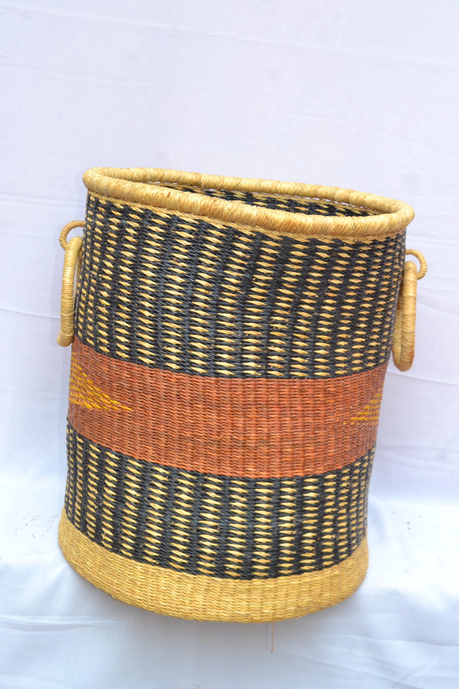 Handwoven Ghanaian laundry and storage basket, artisan woven home organizer, product DSC 0028