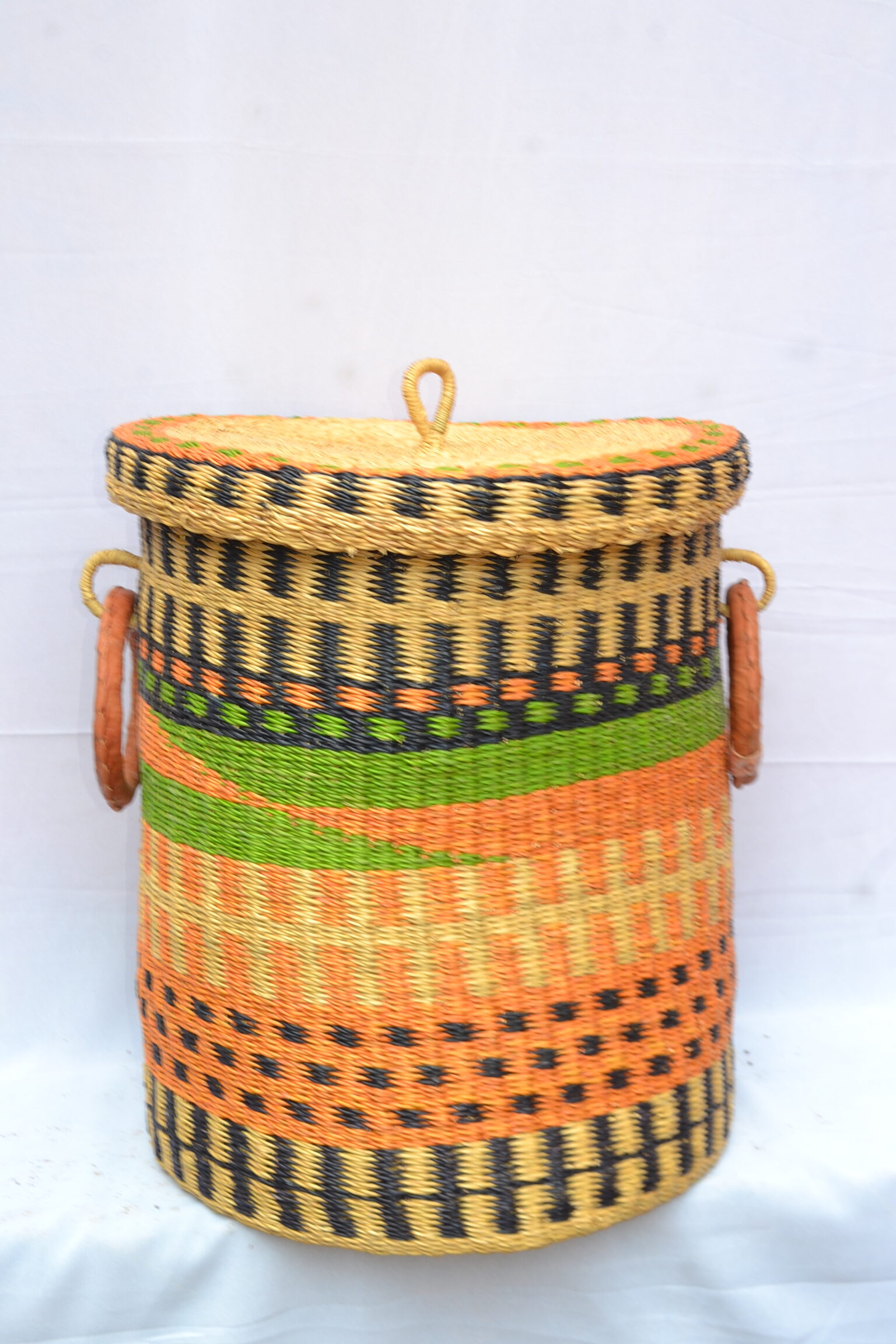 Handwoven Ghanaian laundry and storage basket, artisan woven home organizer, product DSC 0030