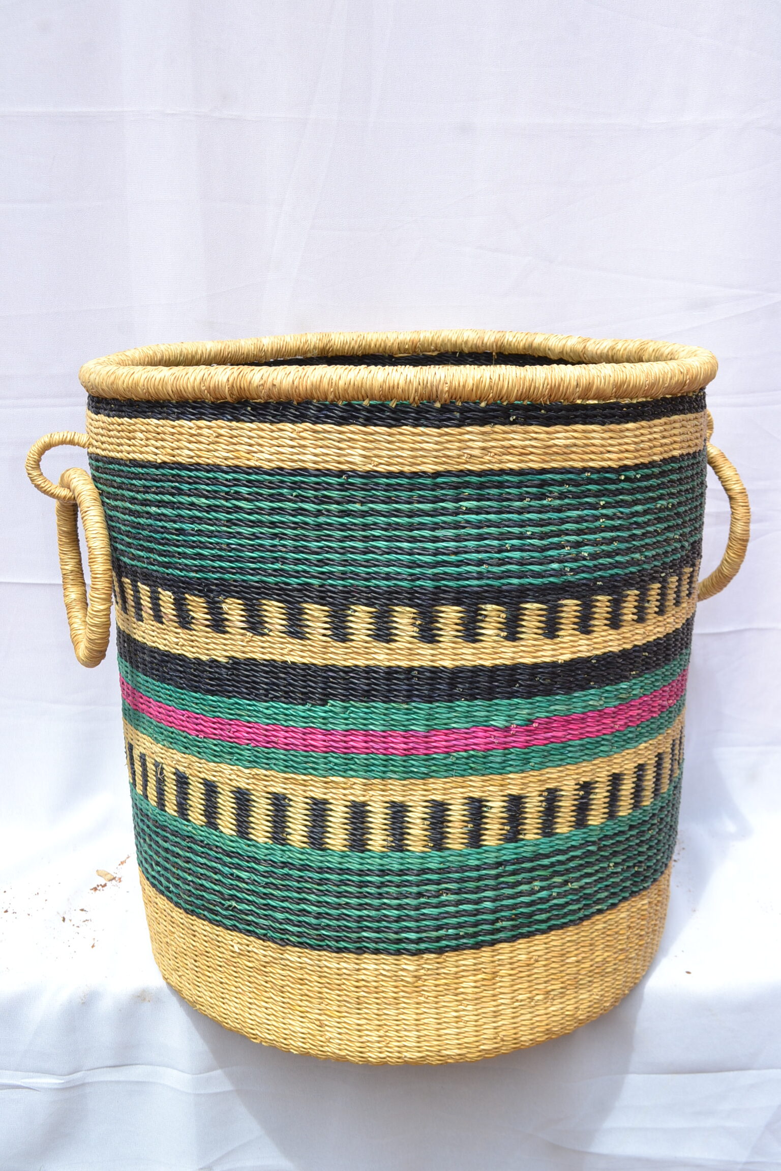 Handwoven Ghanaian laundry and storage basket, artisan woven home organizer, product DSC 0079