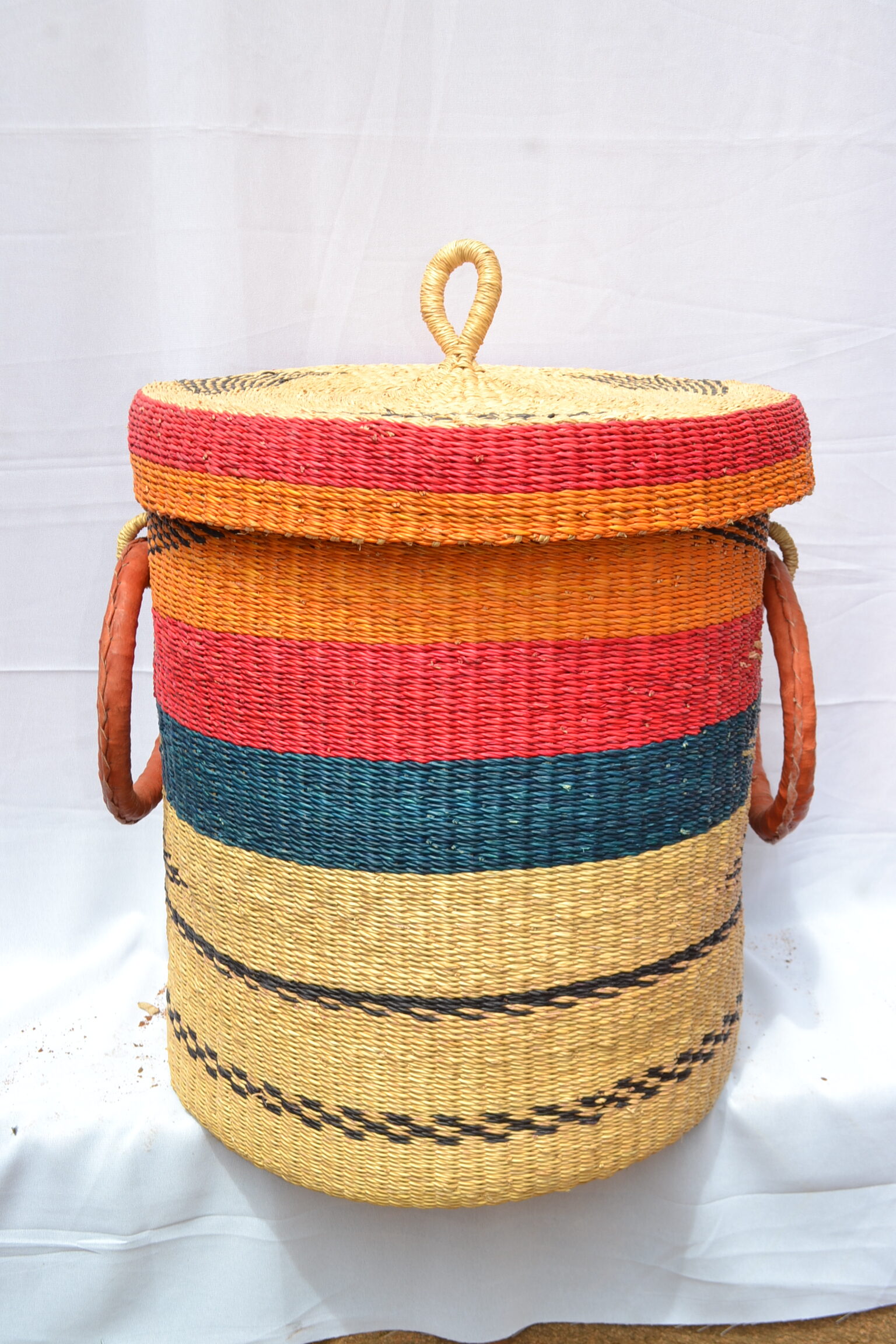 Handwoven Ghanaian laundry and storage basket, artisan woven home organizer, product DSC 0080